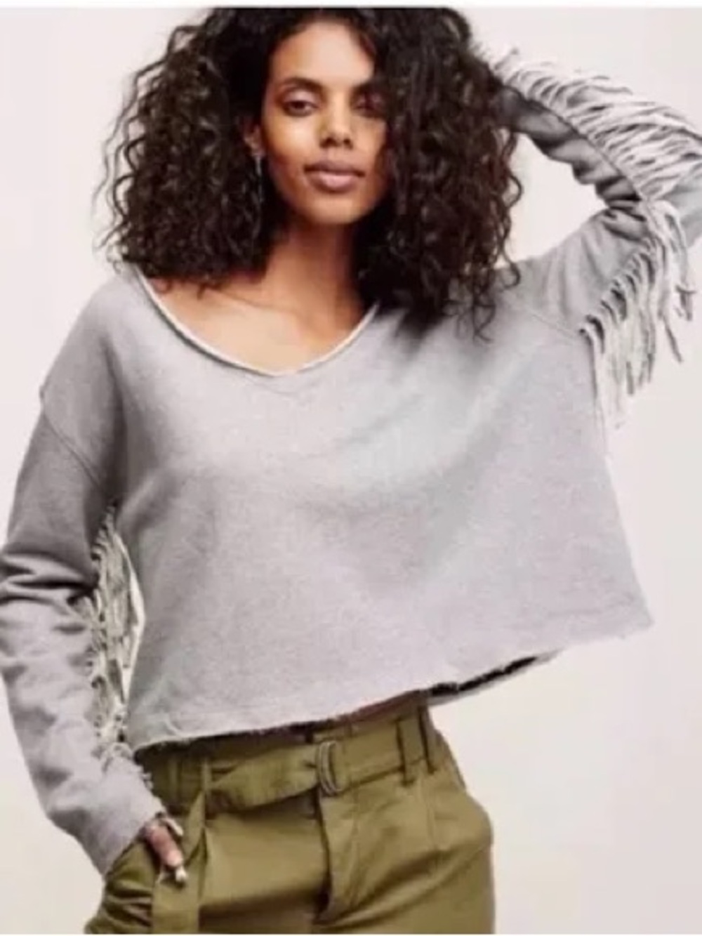 Free people 100% cotton grey Vintage Souls Fringe Pullover